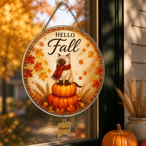 Hello Fall Cat Garden Flag — Personalized Pet Name - Personalized 1 Layered Suncatcher with Charm c4da176c-fcbc-4b80-a164-573fdbce0d05.jpg