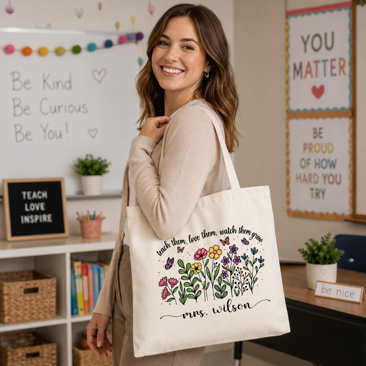 Personalized Teacher Tote Bag with Name | Teacher Appreciation Gift | Custom Canvas Bag for Educators and School Staff