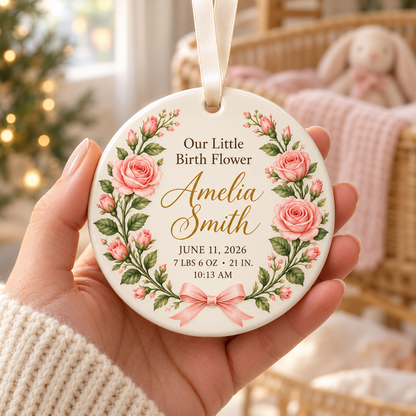 Personalized Baby Birth Flower Ornament, Custom Name & Birth Stats Keepsake, Floral First Christmas Ornament, Gift for New Parents c572409a-ba00-4b01-bac6-04b6d5b005e6-June-Rose-Newborn-Keepsake-Ornament-3.png