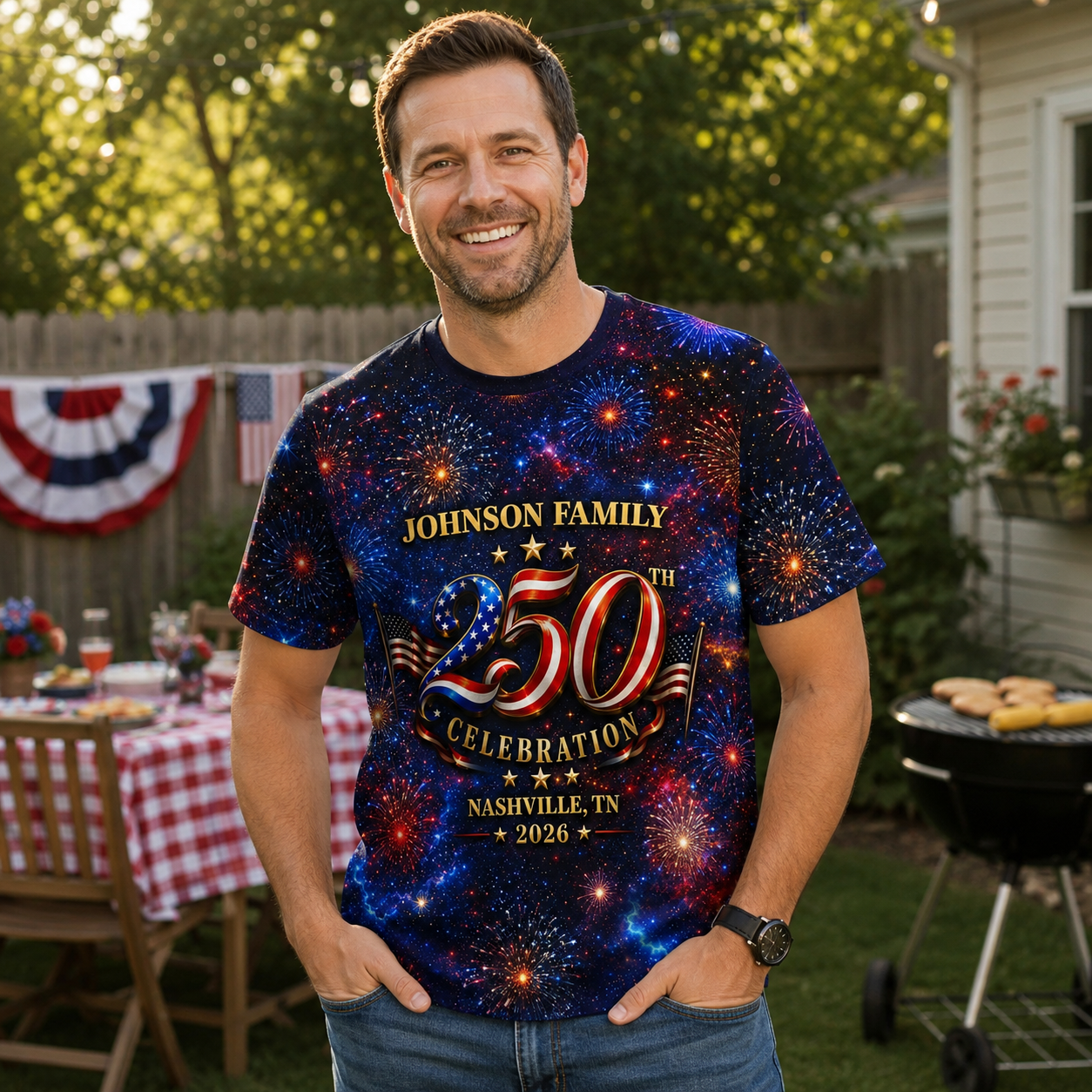 Custom Family American 250th Anniversary 1776 - 2026 3D Shirt, Family Matching Patriotic Crew Shirt, Gift for Dad, Mom, Patriotic Shirt