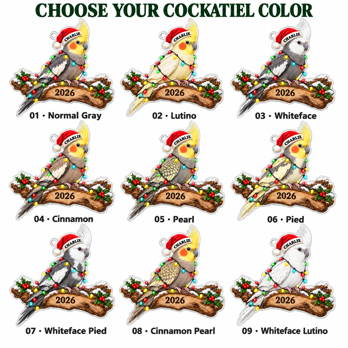 Personalized Cockatiel Christmas Ornament – Custom Name & Year, Santa Hat Pet Bird Keepsake, Christmas Gift for Bird Lovers c6599156-623f-446f-a758-eac4e9cfd760-Cockatiel-Christmas-ornament-color-chart.png