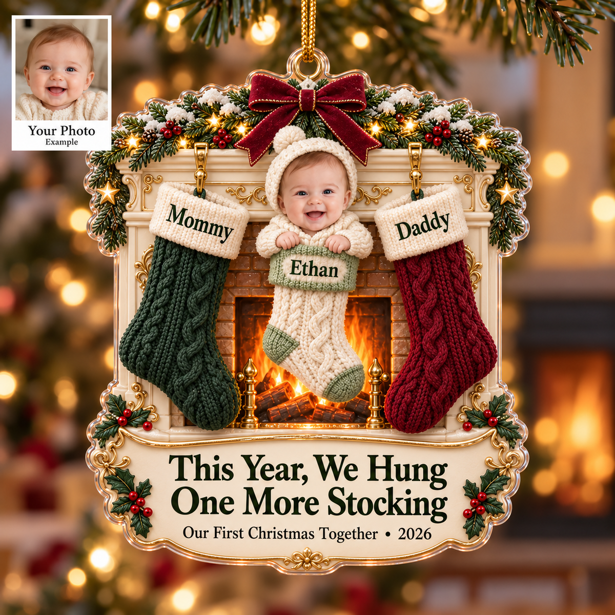 Personalized Baby’s First Christmas Ornament 2026 – Custom Photo & Name, Dear Santa I’m New Here Keepsake, Gift for New Parents c6b1200f-c88d-4c02-af52-5a8f0eb5d5c6-First-Christmas-Ornament-With-Three-Stockings-1.png