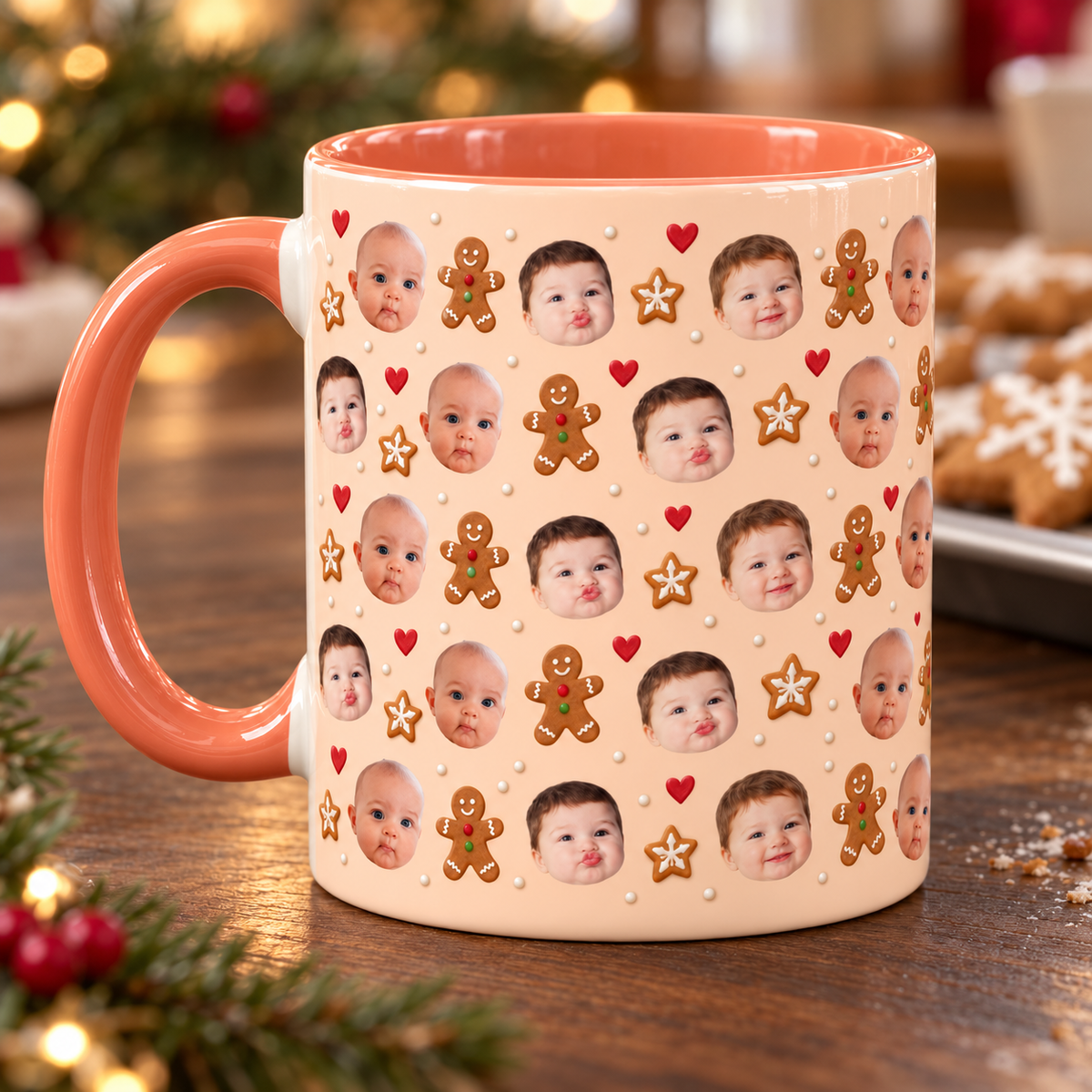 Personalized Christmas Photo Mug, Custom Baby Face Coffee Cup with Gingerbread Cookies and Hearts, Holiday Gift for Mom and Grandma c6bbc734-2a57-45c1-ab3a-1c62e97e1675-Soft-Peach-Gingerbread-Sweeties-Mug-4.png