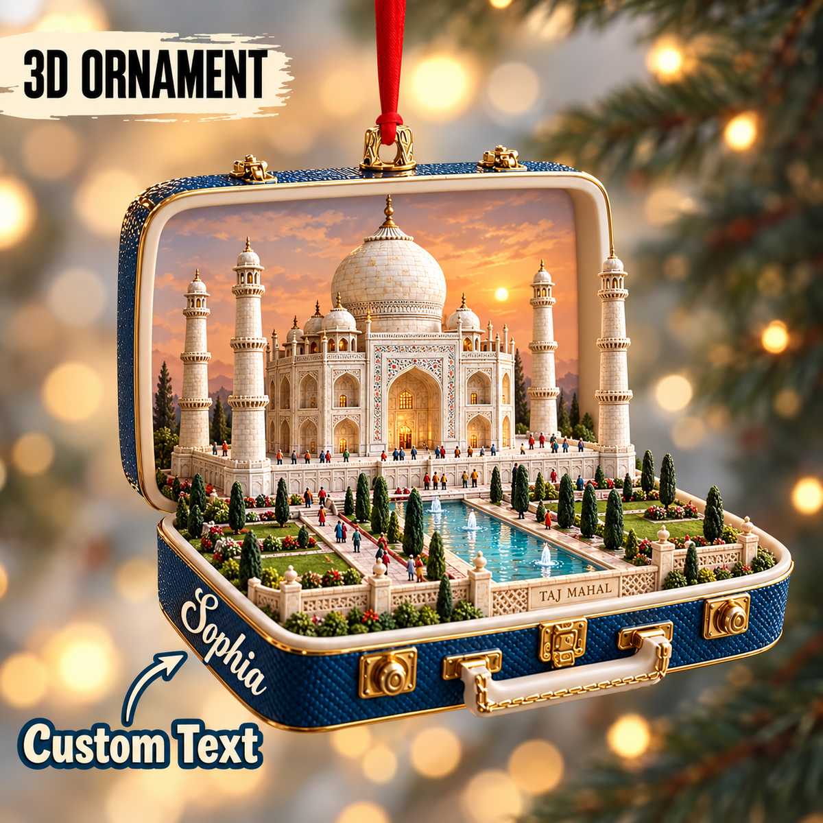 Personalized 3D Taj Mahal Suitcase Christmas Ornament – Agra India Travel Souvenir & Gift for India Lovers c6c72862-ec0c-4fd4-bdfb-22d187d43ea4-Personalized-Taj-Mahal-hanging-suitcase-ornament.png