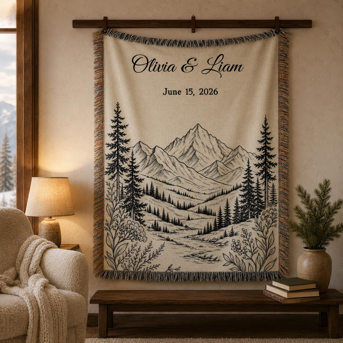 Personalized Mountain Woven Blanket, Custom Couple Name Date Throw, Forest Wedding Gift, Cotton Anniversary Gift for Couples Nature Lovers c7029214-8718-4d7e-b86a-1be34b59a58c-banner-1.png