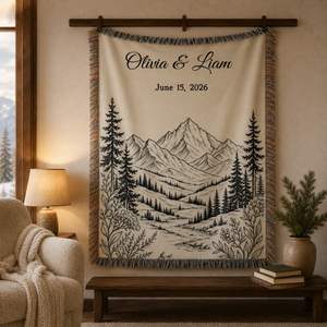Personalized Mountain Woven Blanket, Custom Couple Name Date Throw, Forest Wedding Gift, Cotton Anniversary Gift for Couples Nature Lovers c7029214-8718-4d7e-b86a-1be34b59a58c-banner-1.png