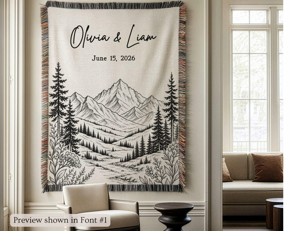 Personalized Mountain Woven Blanket, Custom Couple Name Date Throw, Forest Wedding Gift, Cotton Anniversary Gift for Couples Nature Lovers c75c1453-bcfd-441c-a045-7c2ba831f7c6-2.jpg