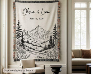 Personalized Mountain Woven Blanket, Custom Couple Name Date Throw, Forest Wedding Gift, Cotton Anniversary Gift for Couples Nature Lovers c75c1453-bcfd-441c-a045-7c2ba831f7c6-2.jpg