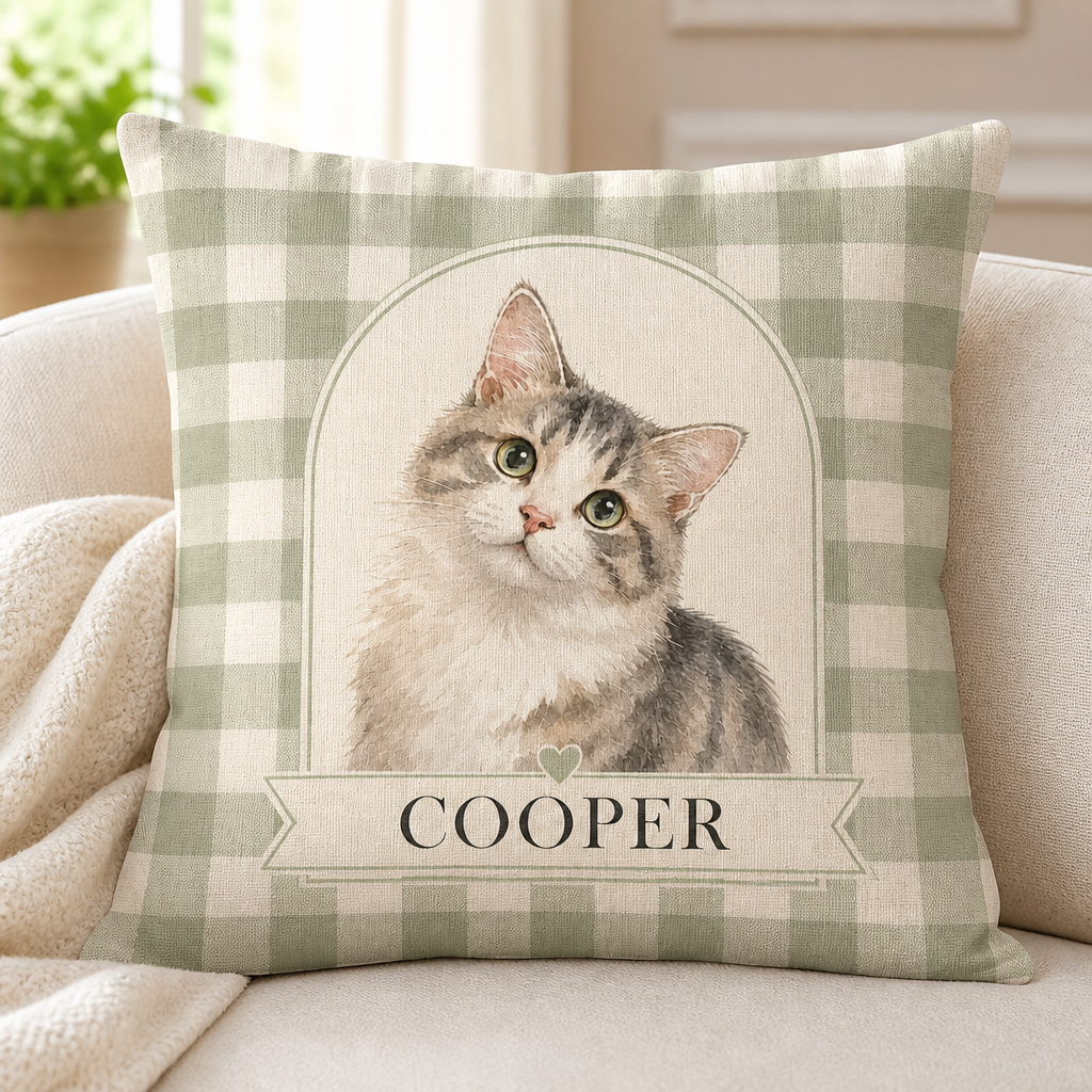 Custom Watercolor Pet Portrait Pillow – Arch on Sage Gingham - Personalized Pillow c7ae6412-e23d-4594-b8f5-5fe31544af7b.png