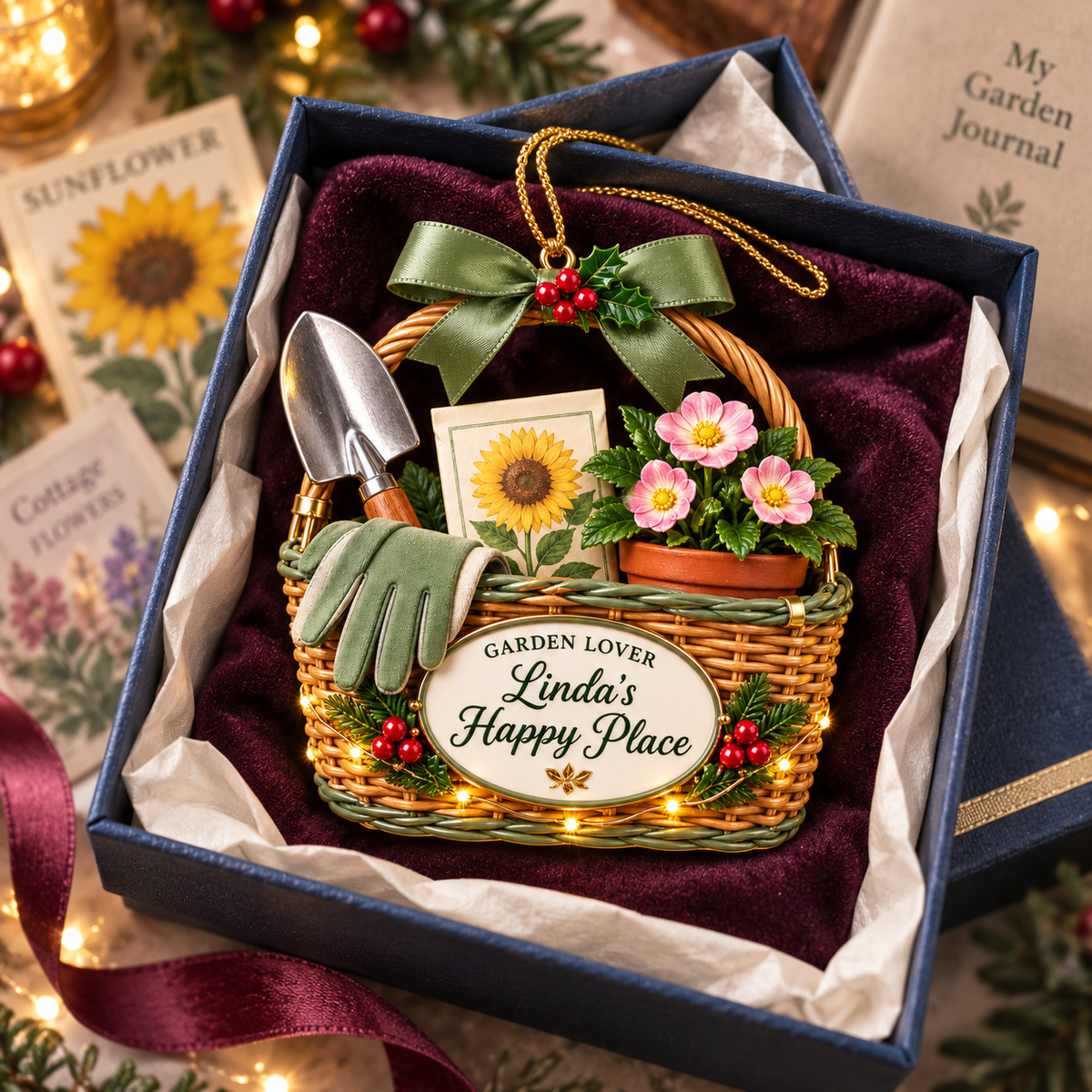 Personalized Gardening Christmas Ornament – Custom Name Garden Basket with Flowers, Trowel and Gloves, Keepsake Gift for Gardeners and Plant Lovers c7b4d75c-4366-4f8b-ad1c-8a0b8a370617-Garden-lover-ornament-in-velvet-gift-box-2.png
