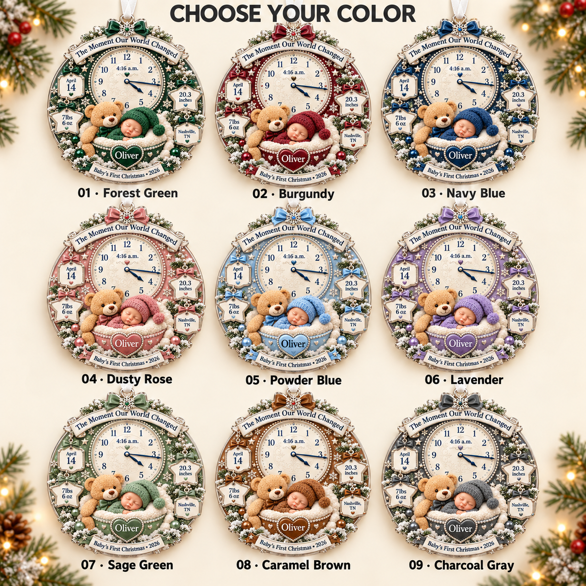 Personalized Baby’s First Christmas Ornament 2026 – Custom Name & Birth Stats Clock Keepsake, New Baby Gift for Parents c7b5ef33-dba3-4735-802b-64b096db1915-Nine-color-baby-Christmas-ornament-options-1.png