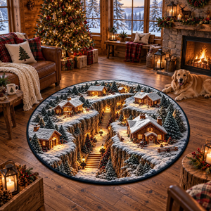3D Christmas Village Round Rug, Snowy Cabin Winter Rug, Mountain Lodge Optical Illusion Carpet, Rustic Christmas Home Decor c7c4e9a1-98dd-45e3-95ff-900d6103418f-c3d7eec6-3daa-4709-9ae5-5d3bcfa915b3.png