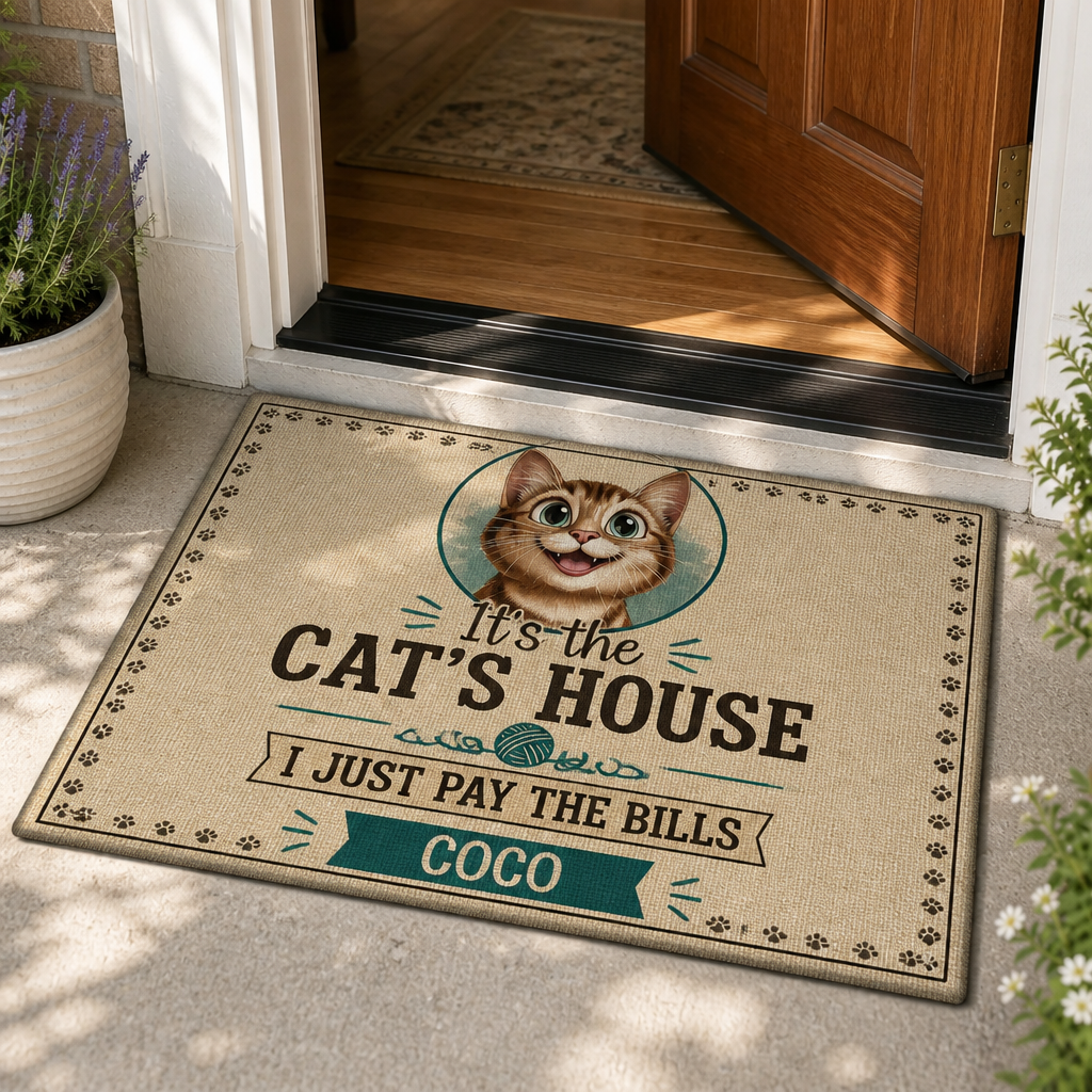 It's The Cat's House Doormat – Custom Pet Name - Personalized Doormat c7d75284-fc89-4b9d-8f50-3fd5eb166ec9.png