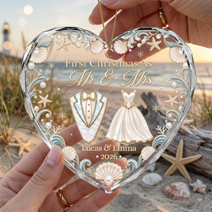 First Christmas As Mr And Mrs Ocean Pearl Crystal Heart Ornament - Personalized Wedding Gifts for Couples