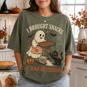 I Brought Snacks & Bad Decisions Shirt, Cute Ghost Baking Cookies T-Shirt, Funny Halloween Black Cat Graphic Tee, Vintage Spooky Season Oversized Top c9190331-9ecd-4aae-bb5c-63502d5b3bb1-1.png