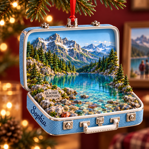 Personalized Glacier National Park 3D Suitcase Christmas Ornament – Montana Travel Souvenir & Gift for Nature Lovers c95d755a-b7fe-4b77-b44a-7e12c97c0ab2-Glacier-Montana-suitcase-ornament-among-holiday-lights-3.png