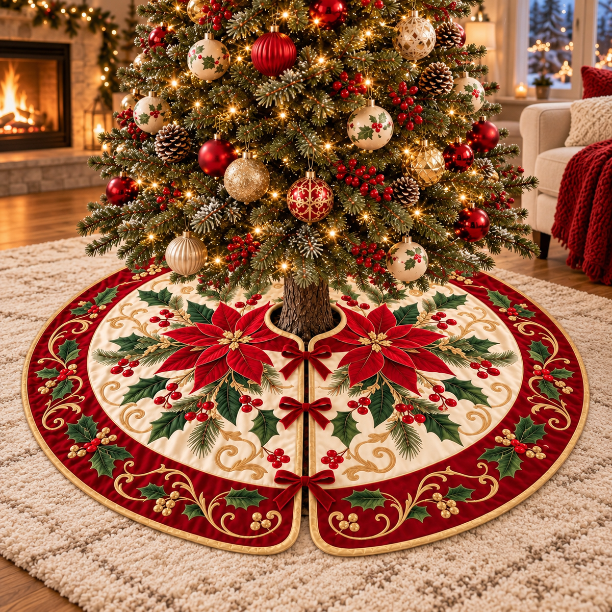 Poinsettia Christmas Tree Skirt, Red and Gold Floral Holiday Decor, Soft Velveteen Tree Stand Cover c972363d-12c0-4eae-811a-23f2d4e6a080-banner-4.png