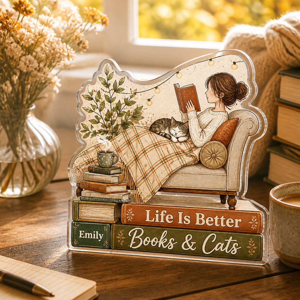 Books & Cats Cozy Reader Acrylic Standee – Personalized Name - Personalized Acrylic Custom shape Standing 1 layer (FS) c98b20cb-7e34-485a-a75d-e295eec6aa39.jpg