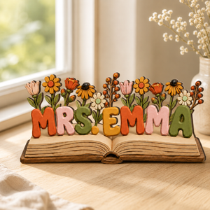 Personalized Teacher Desk Name Wooden Plaque Back To School Gift For Teachers Appreciation, Floral Book Wood Sign, School Counselor Gift