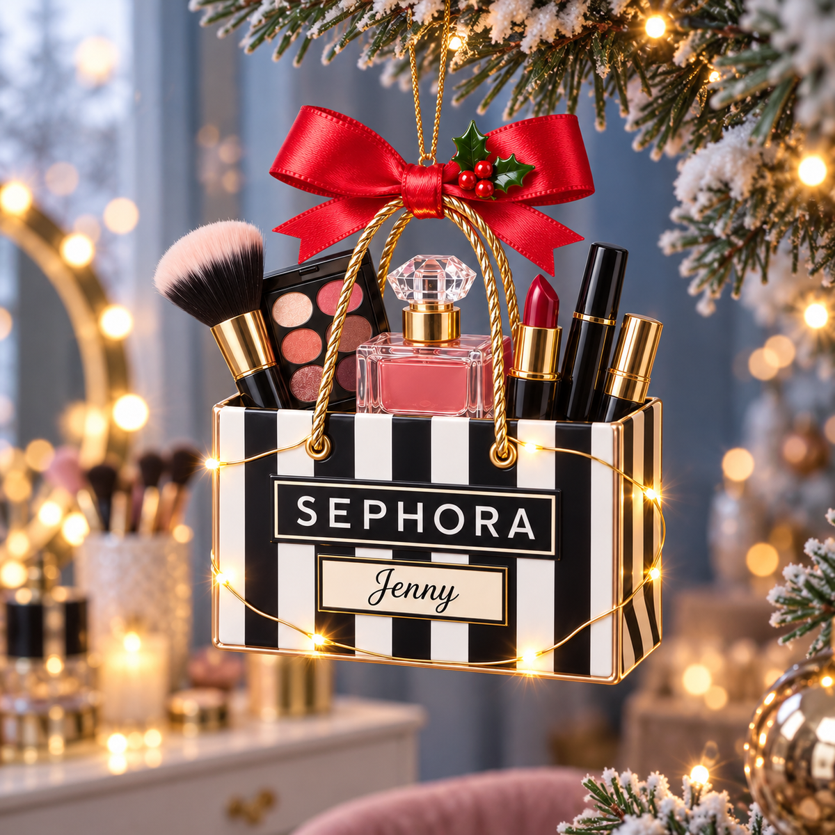 Personalized Makeup Christmas Ornament – Custom Name Beauty Shopping Bag with Makeup Brush and Lipstick, Gift for Makeup Lovers and Beauty Enthusiasts c9f25615-3584-4a70-8b4c-fcb0a9631301-Festive-striped-makeup-bag-ornament-1.png