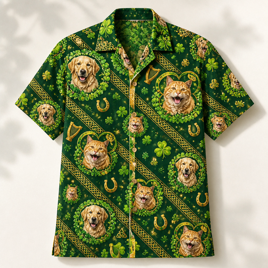Custom St. Patrick's Day Pet Photo Hawaiian Shirt – Shamrocks & Gold - Personalized Hawaiian Shirt ca580c9f-f40b-446b-aa75-69fd04348033.png