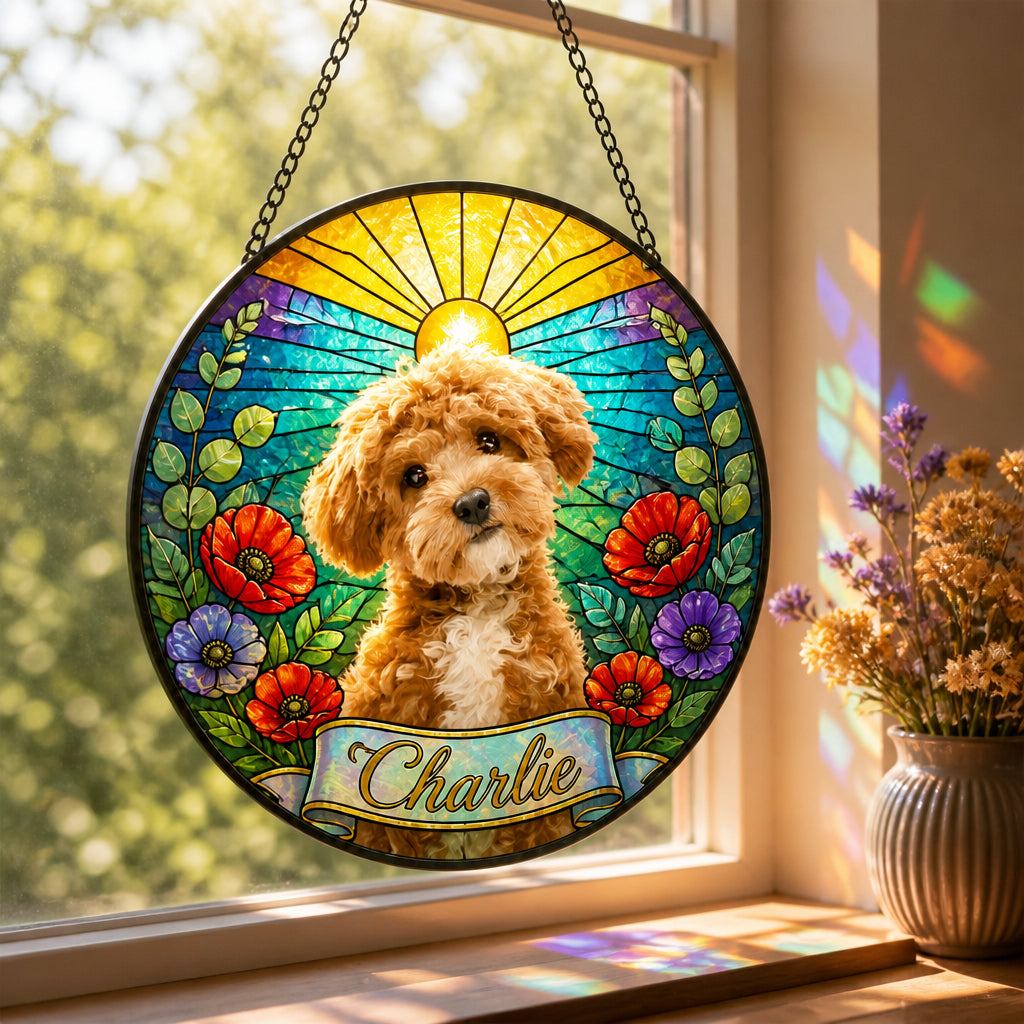 Custom Pet Photo Stained-Glass Suncatcher – Floral Sunrise - Personalized Suncatcher Stained Glass ca6098b1-1d97-4a01-b903-b9c4c7bd989e.jpg