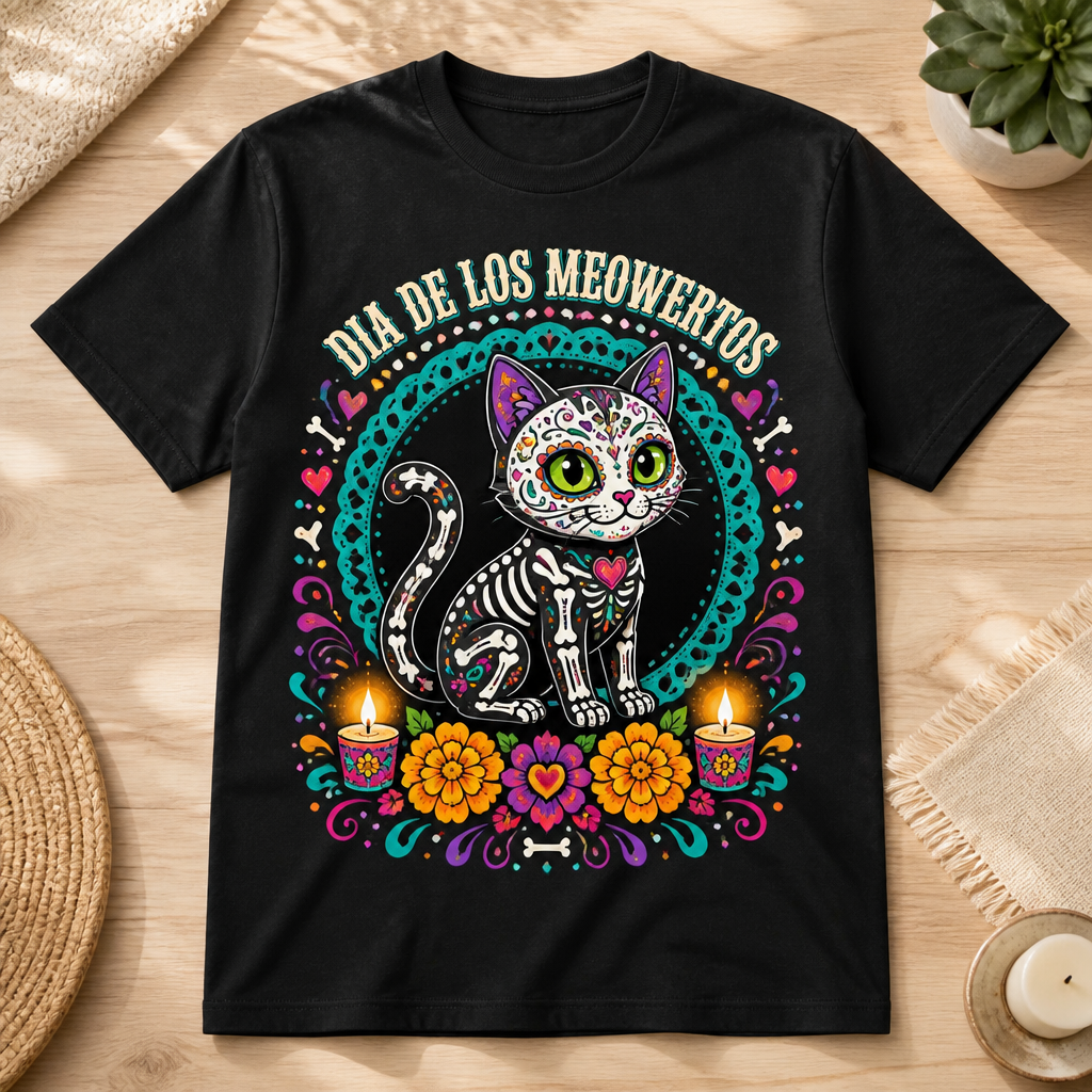 Dia De Los Meowertos Calavera Cat Tee - T-shirt ca93762b-540c-436c-b1d2-0fbb727f20f9.png