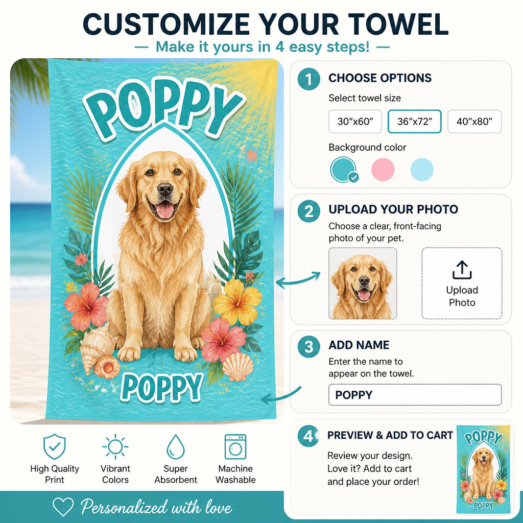 Custom Pet Portrait Beach Towel – Big Name Headline, Tropical Frame - Personalized Beach Towel cab402d2-58a3-49a0-a775-0f94b408b72f.jpg