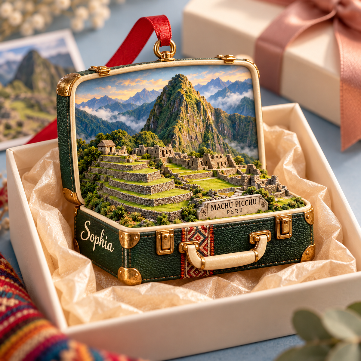 Personalized Machu Picchu Peru 3D Suitcase Christmas Ornament, Custom Name Travel Keepsake, Peru Vacation Souvenir Gift cae539ef-c06b-4947-baa4-79ff3bf321da-Machu-Picchu-ornament-in-ivory-gift-box-3.png