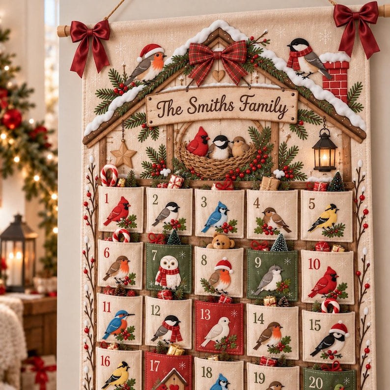 Personalized Bird Christmas Fabric Advent Calendar, 25 Day Pocket Countdown, Custom Family Name Quilted Wall Hanging, Bird Lover Xmas Decor caf0ebe1-a924-4b8c-921a-c461e7a41993-il_794xN.8554973614_eutl.jpg