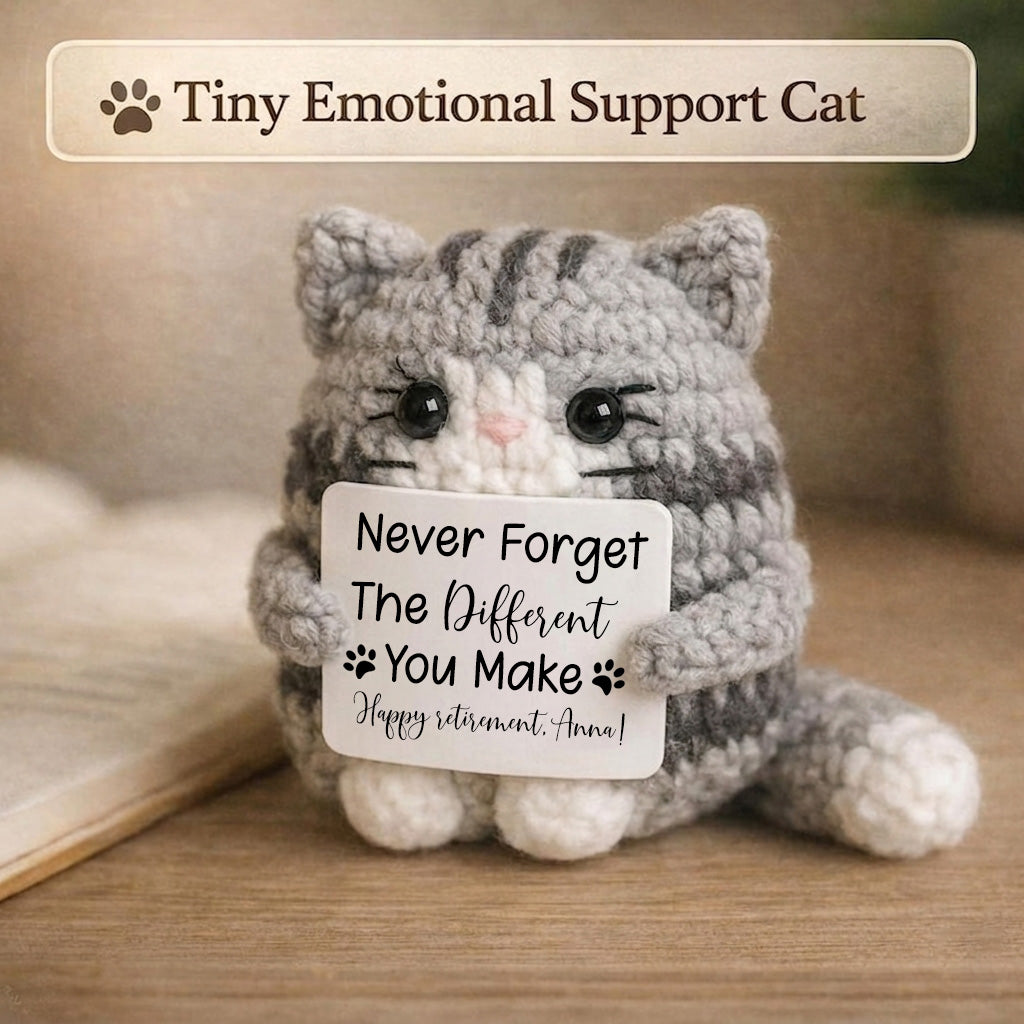 Retirement Gift Never Forget The Different You Make Positive Cat Crochet Plush Cat Lover Gift, Motivational Desk Decor, Small Handmade Cat Gift for Her