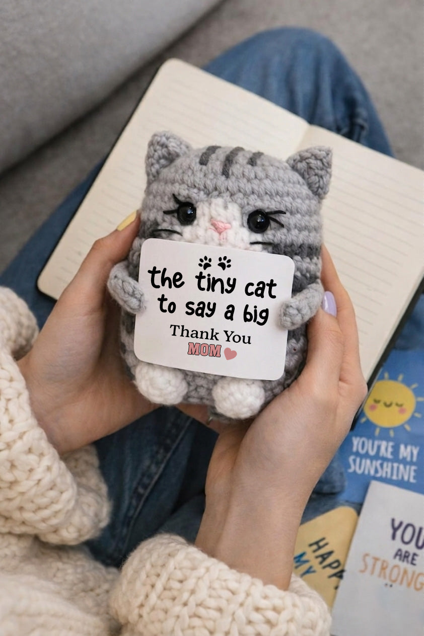 Positive Cat Crochet Plush Cat Lover Gift, Thank You Mom Support Mom Motivational Desk Decor, Small Handmade Cat Gift for Her Cat Mom