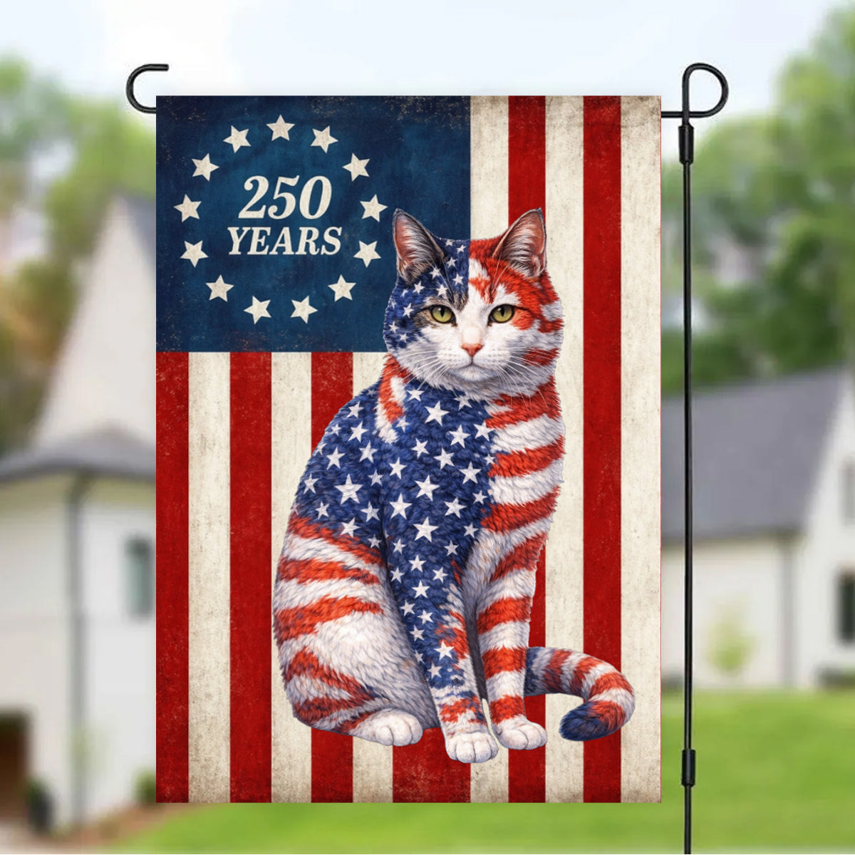 Patriotic Cat Garden Flag, 250 Years Anniversary Flag Decor for Cat Lover Custom Cat Photo Flag 250th Anniversary Flag