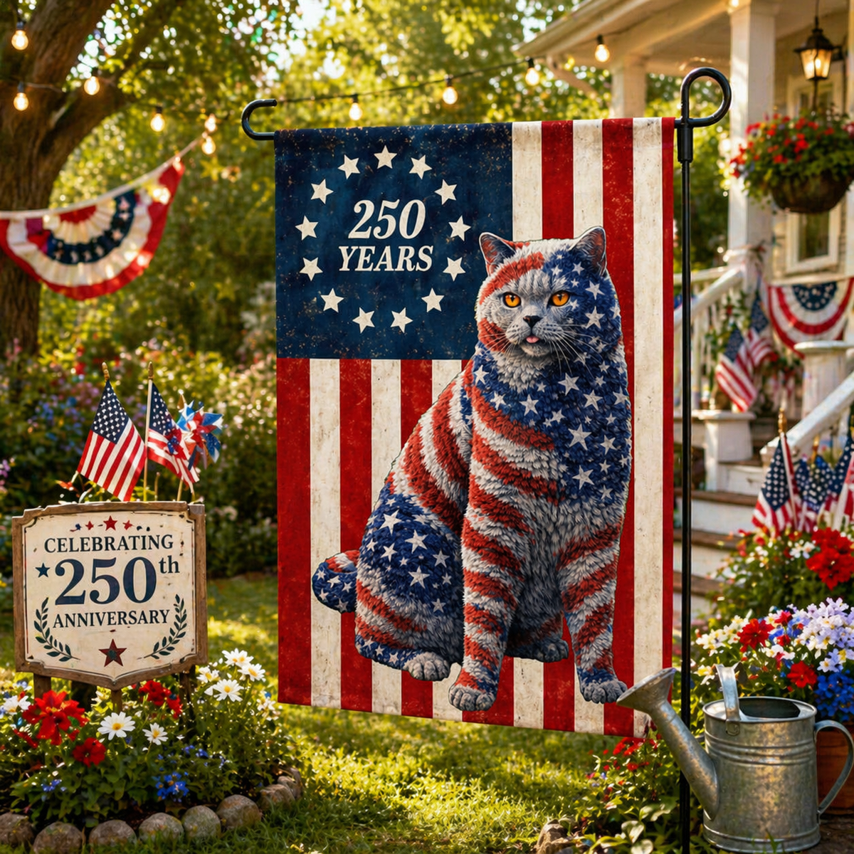 Patriotic Cat Garden Flag, 250 Years Anniversary Flag Decor for Cat Lover Custom Cat Photo Flag 250th Anniversary Flag