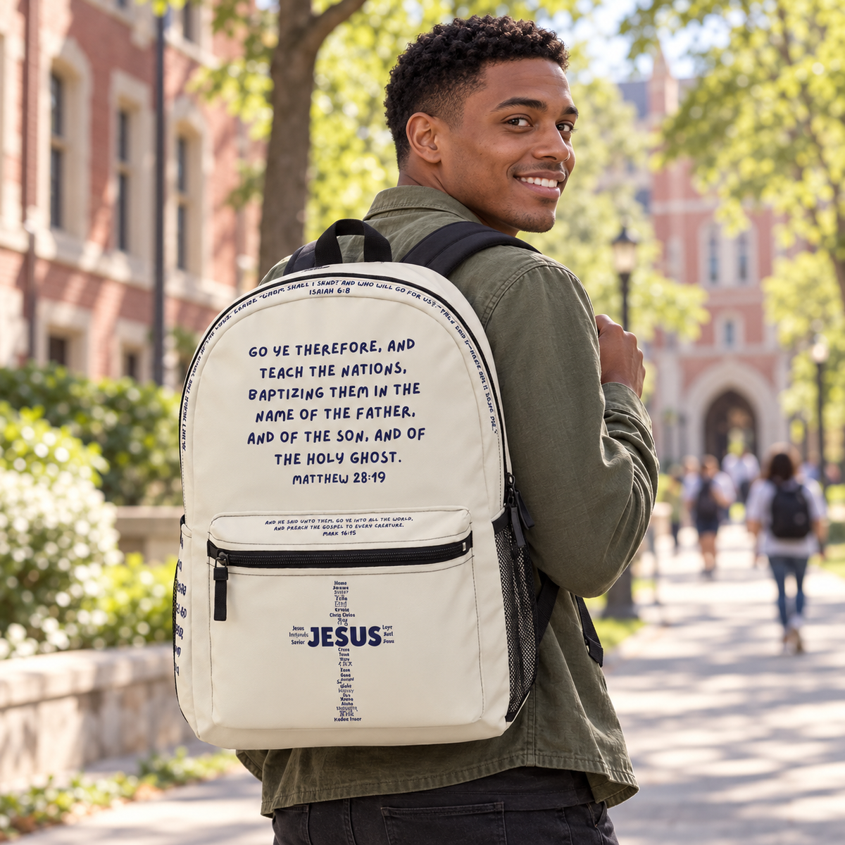 Christian Bible Verse Backpack , Missionary Gift , Mission Trip Travel Accessory, Great Commission, Gift For Family, Friends cb0aa612-ba5d-4336-a51e-e103b18b3076-Ba-l-kem-trong-khu-n-vi-n-xanh-3.png