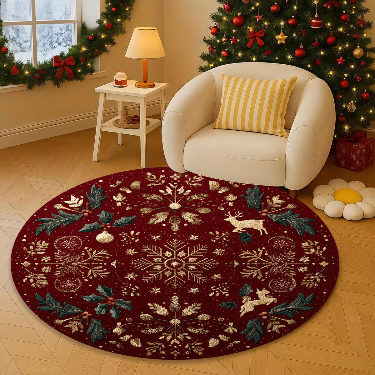Red Christmas Round Rug, Elegant Holiday Carpet with Gold Snowflake and Reindeer Design for Living Room or Entryway cb1d1f5e-20ed-4159-943f-9b152d425d3f-2.jpg