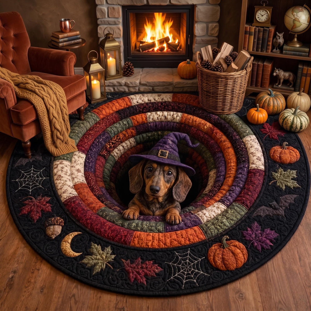 3D Dachshund Halloween Round Rug, Cute Witch Dog Optical Illusion Carpet, Spooky Fall Quilted Floor Mat, Wiener Dog Halloween Decor Gift cb928284-7f20-4b4d-be64-bc4d32d82785-4.jpg