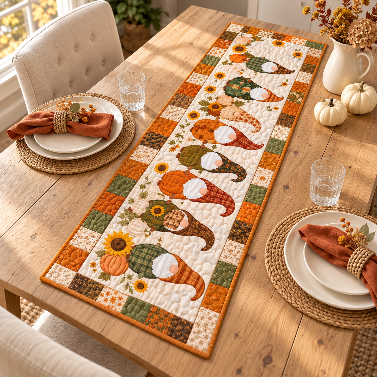 Fall Gnome Family Quilted Table Runner, Pumpkin Harvest Table Runner, Autumn Farmhouse Table Decor, Thanksgiving Decor, Gnome Lover Gift cbf94d52-8c40-4f07-9229-11aa5b54870d-banner-2.png