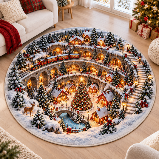 Christmas Train Village 3D Illusion Round Rug, Snowy Winter Wonderland Floor Mat, Holiday Area Carpet for Living Room, Xmas Home Decor cc454423-90c2-4896-9bcb-3f7807022665-Snowy-Christmas-Village-Illusion-Rug-3.png