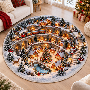 Christmas Train Village 3D Illusion Round Rug, Snowy Winter Wonderland Floor Mat, Holiday Area Carpet for Living Room, Xmas Home Decor cc454423-90c2-4896-9bcb-3f7807022665-Snowy-Christmas-Village-Illusion-Rug-3.png