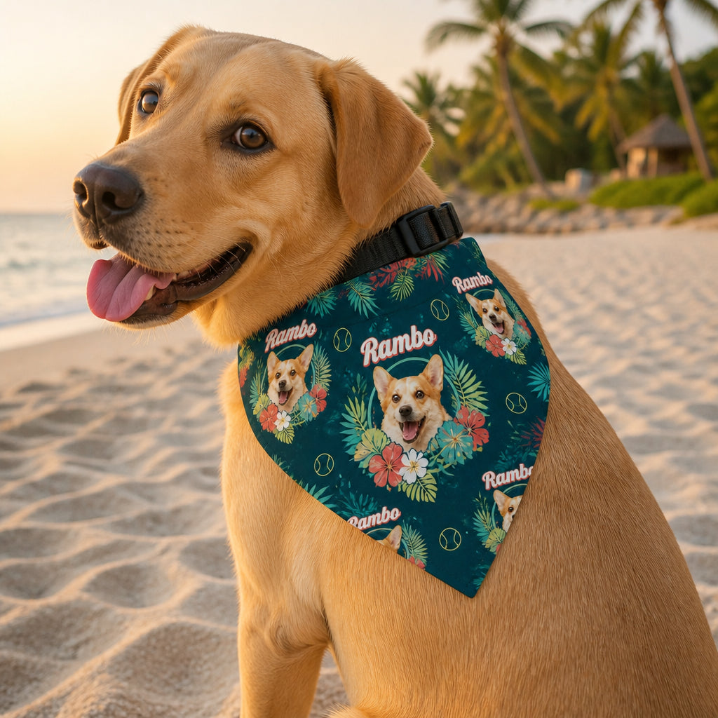 Custom Pet Photo Tropical Wreath Bandana with Name - Personalized Pet Bandana Collar With Adjustable Buckle cc6606ad-b463-4f32-b061-cffa84f097ae.jpg
