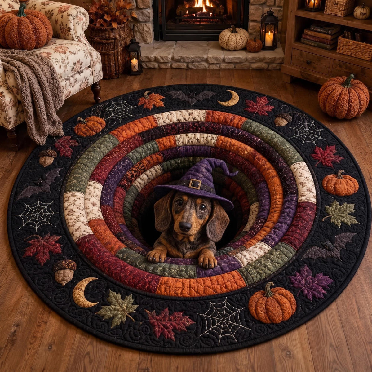 3D Dachshund Halloween Round Rug, Cute Witch Dog Optical Illusion Carpet, Spooky Fall Quilted Floor Mat, Wiener Dog Halloween Decor Gift cc92cd16-a2fa-48ed-a712-afe6158d3b75-1.jpg