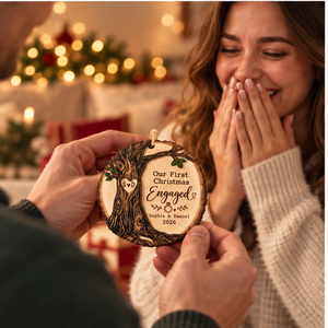 Personalized Our First Christmas Engaged Ornament 2026 – Custom Couple Names & Initials Wooden Engagement Christmas Gift cc9e2d25-1186-44e0-a113-774765b33e43-engaged_ornament_happy_recipient_mockup.png