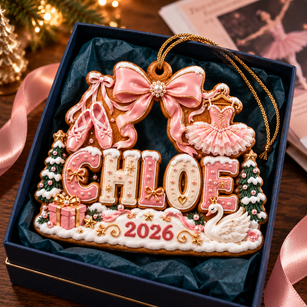 Personalized Ballet Christmas Ornament 2026 – Custom Name with Pink Ballet Shoes, Tutu and Swan, Keepsake Gift for Ballerinas and Dance Lovers ccb53b20-957f-4127-bdf1-d8272b999625-Chloe-ballet-ornament-in-gift-box-4.png