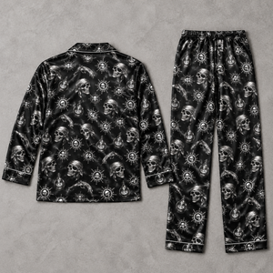 Cool Pirate Skull Pajama Set, Black Satin with Nautical Crossbones Print, Gothic Sleepwear with Pocket, Short & Long Sleeve, Gift For Hims cd0d07a5-539a-457b-984a-a56f4116b957-fff.png