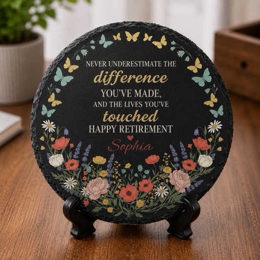 Personalized Slate Garden Stone: Custom Retirement Plaque Round Floral Yard Sign