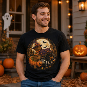 Halloween Dachshund Trio Moon Badge Tee - T-shirt cd49c188-c221-4d1d-82af-06d8a35be778.jpg