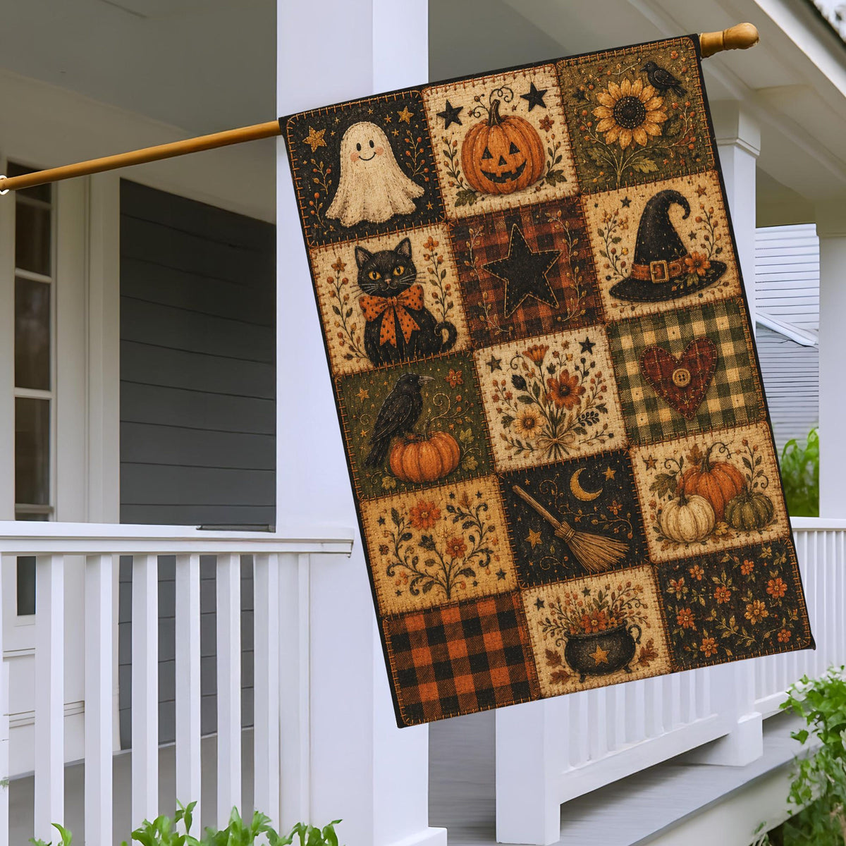 Primitive Halloween Patchwork Garden Flag, Ghost Black Cat Pumpkin Quilt Decor, Rustic House Flag cd7a50b0-9d39-486c-b563-1e1dda3fbc93-2.jpg