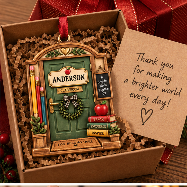 Personalized Teacher Classroom Door Christmas Ornament - Custom Name Educator Tree Decor cd8c43e7-fdd7-47f9-9303-5dff92bade1b-teacher_classroom_mockup_2_gift_box.png