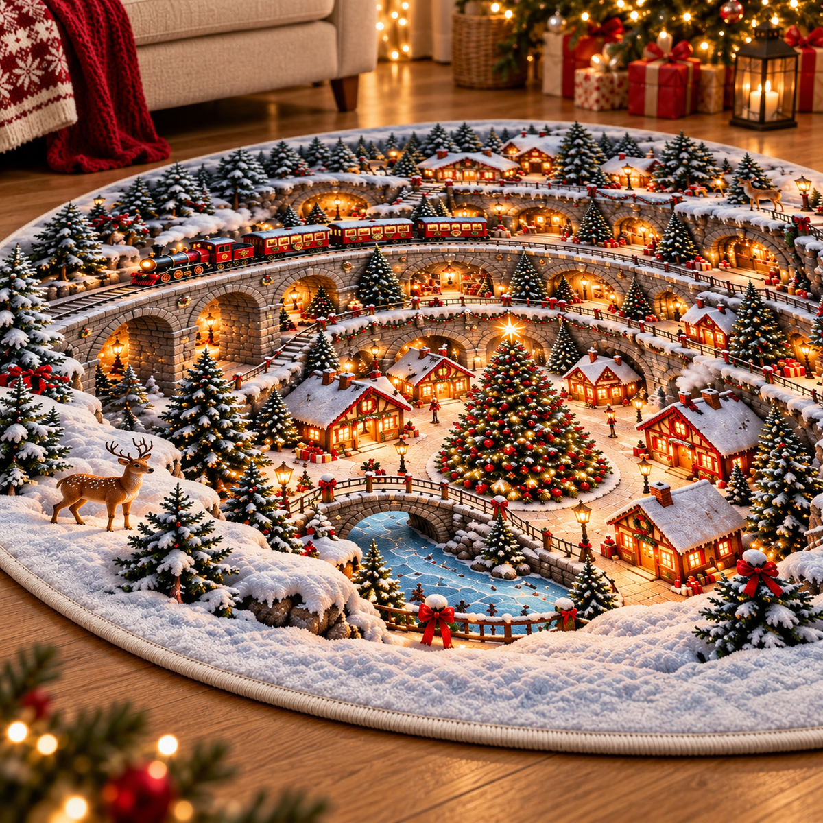 Christmas Train Village 3D Illusion Round Rug, Snowy Winter Wonderland Floor Mat, Holiday Area Carpet for Living Room, Xmas Home Decor cda3ed74-ff2f-44cf-8043-f0fb3faab2f5-Snowy-Christmas-Village-Illusion-Rug-4.png